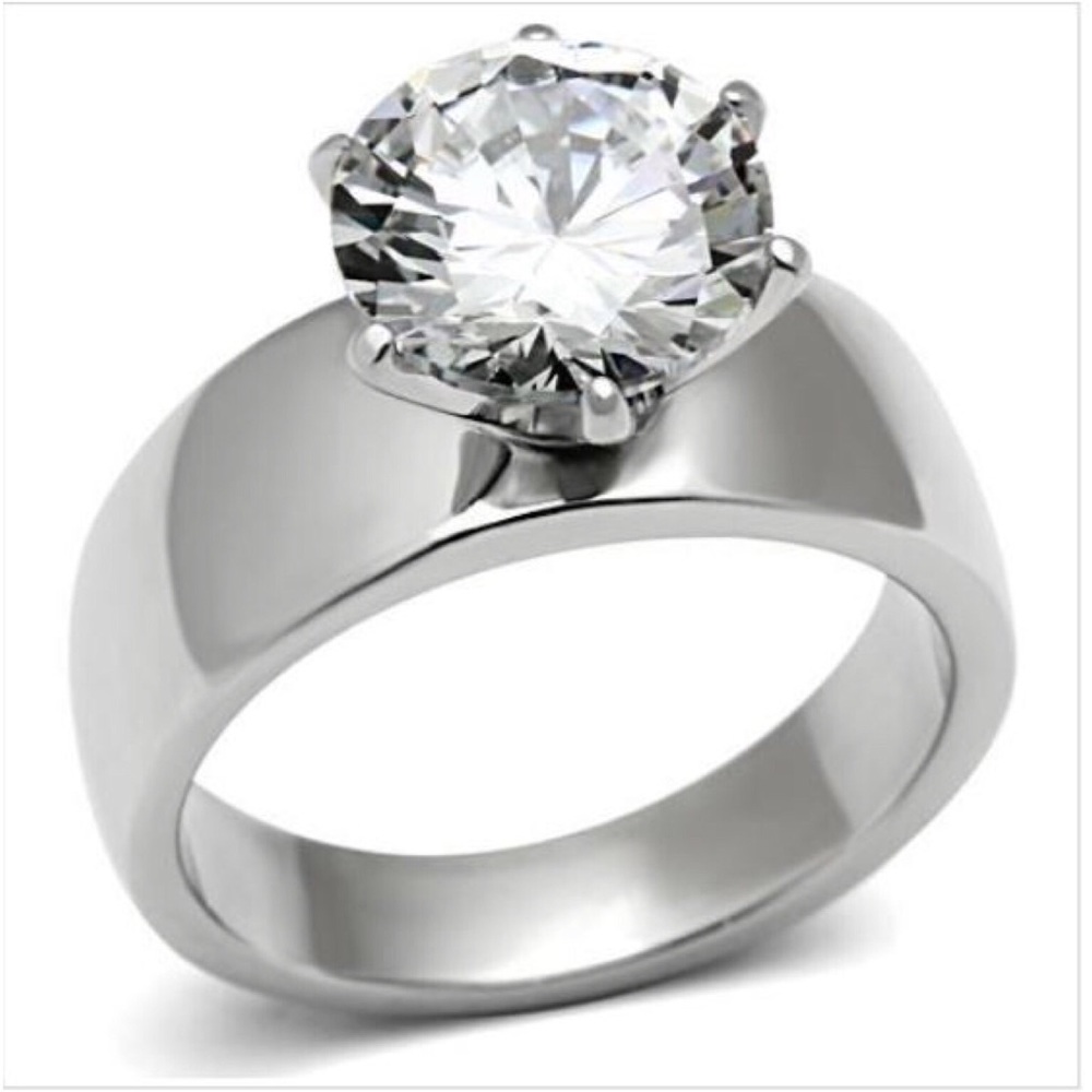 STAINLESS STEEL Round Cut Solitaire Cubic Zirconia Band Ring - Picture 16 of 16